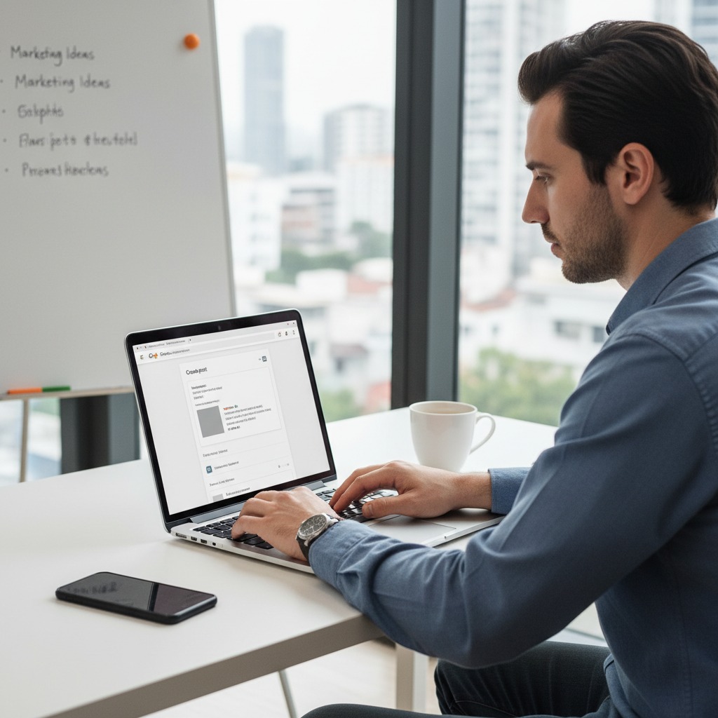 Un homme en chemise bleue tape sur le clavier de son ordinateur portable à un bureau devant une grande fenêtre.